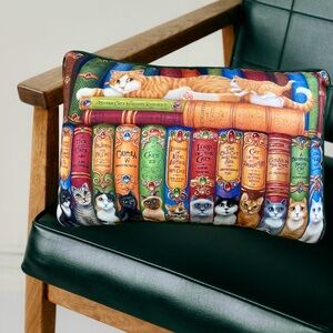 Humorous Whimsical Vibrant Cats and Library Books Decorative Pillow